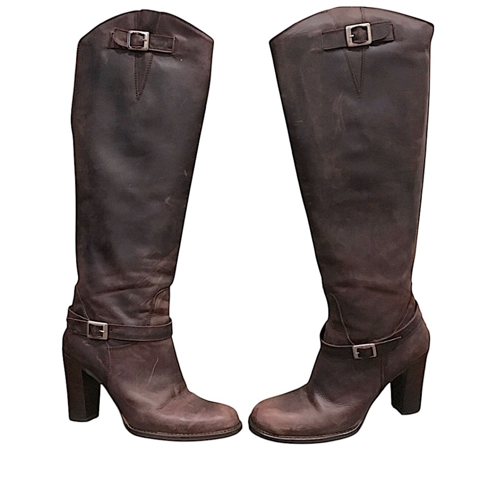 Charles David Brown Leather Womans Knee-high  Boots Exposed Red Back Zipper Sz 7